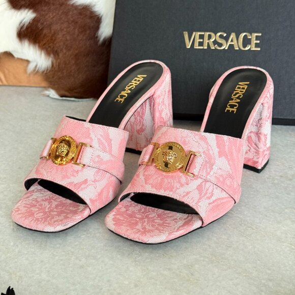 VERSACE 1014747 Women's Medusa Mule Jacquard Pink Fabric Sandals heels - Picture 3 of 12